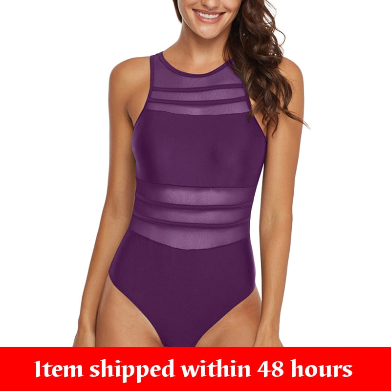 Sexy One Piece Swimsuit Black Mesh Swimwear for Women High Neck Summer Beachwear Bathing Suits (shipped within 48 hours)