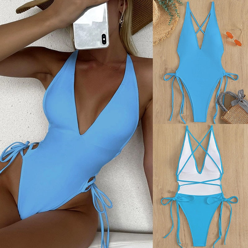 Riseado Sexy Plunging One Piece Swimsuit Lace Up Women's Swimwear 2023 Solid Swimming Suit for Women High Cut Monokini Beachwear