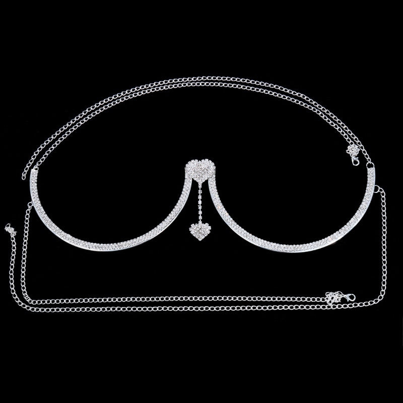 Rhinestone Heart Double Pendant Chest Body Chain