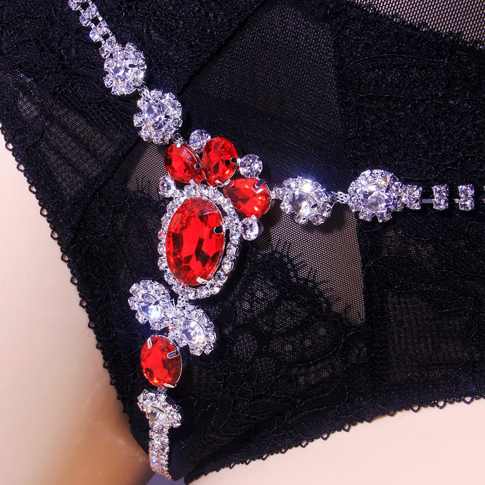 Sexy Underwear Red Crystal Thong Bikini Jewelry Panties for Women Beach Bling Rhinestone Belly Waist Chain Body Jewelry Lingerie