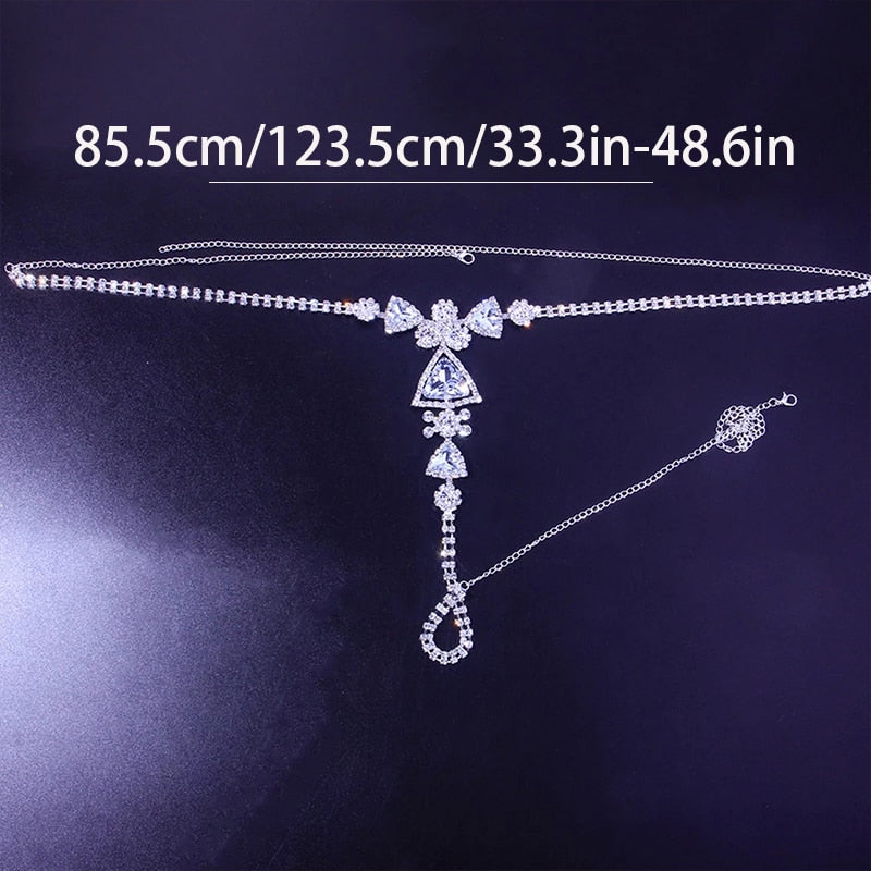 Fashion Triangle Panties Sexy Women Crotchless Thong Rave Crystal Women's Harness Waist Chain Folower Panty Body Jewelry Bikini