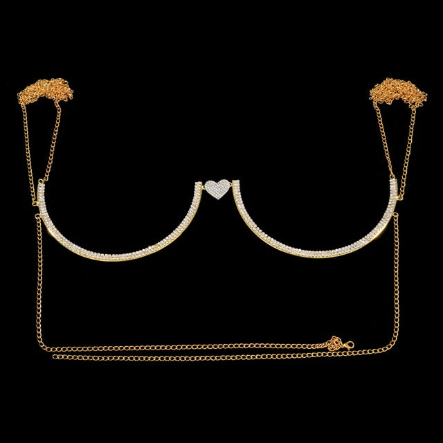 Rhinestone Heart Double Pendant Chest Body Chain