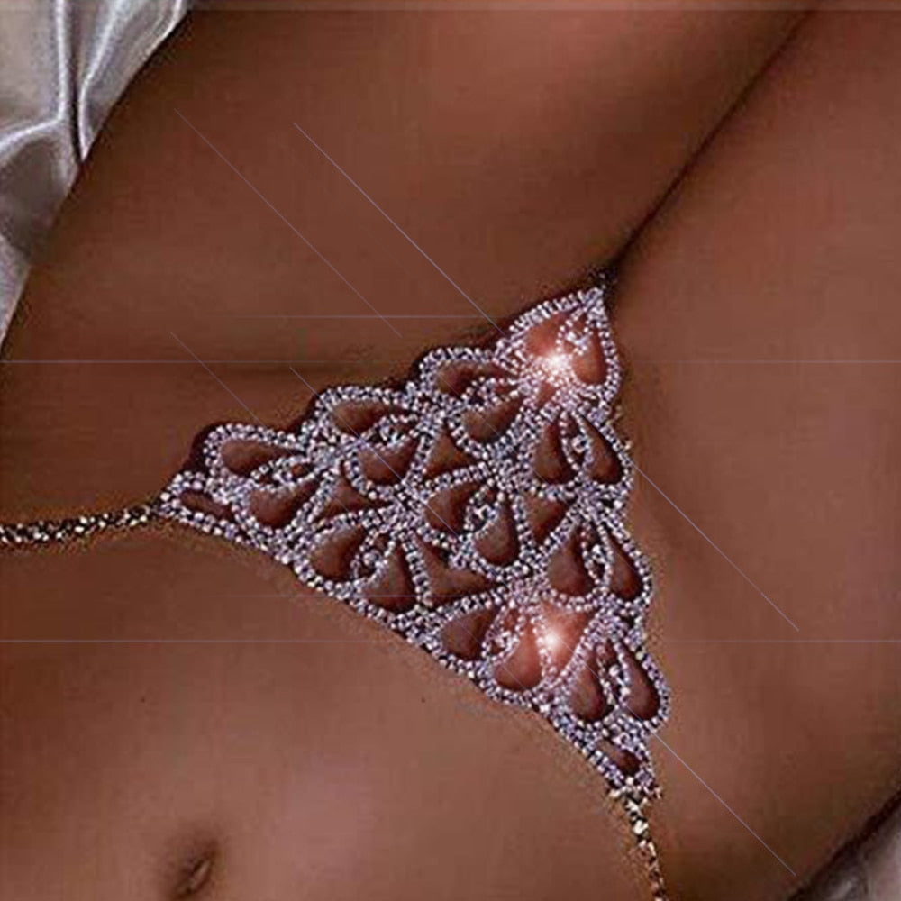 2021 Sexy Rhinestone Chain Thong Panties Bikini Jewelry for Women Luxury Heart Lingerie Crystal Body Chain Thong Jewelry Harness