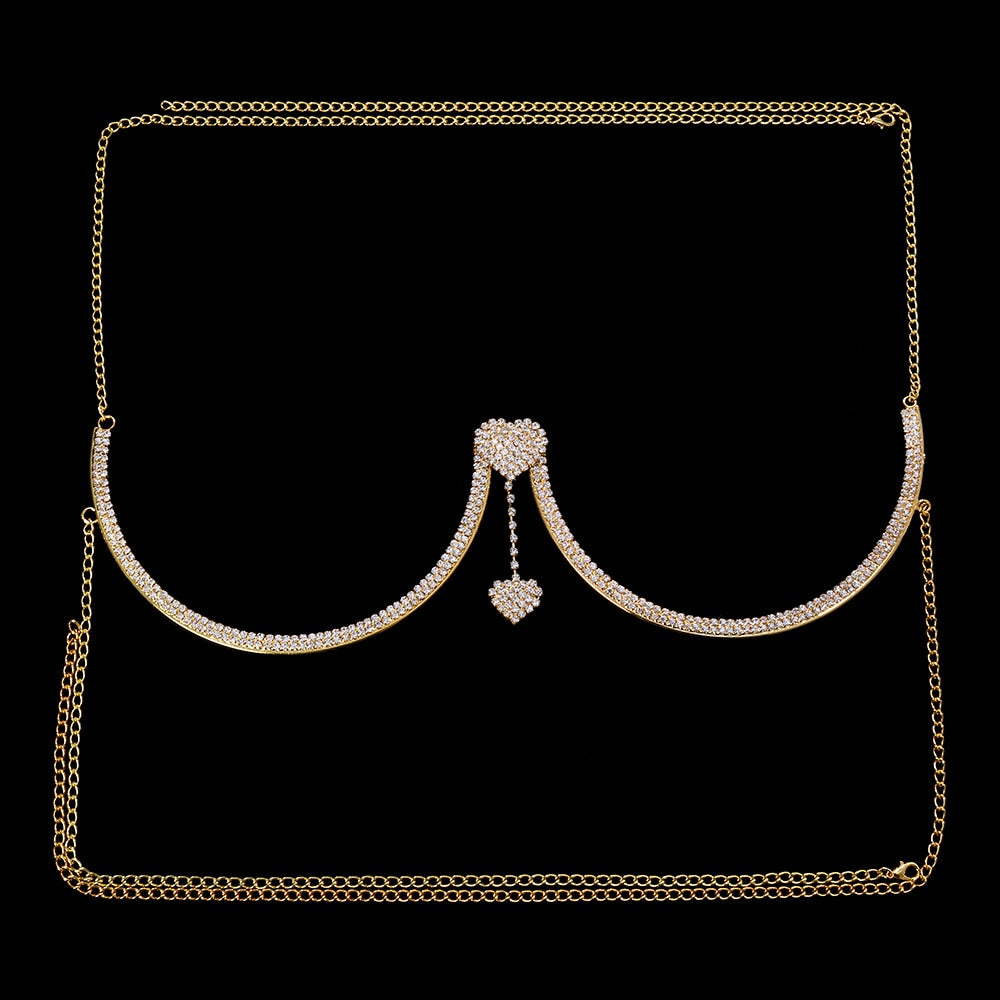 Rhinestone Heart Double Pendant Chest Body Chain