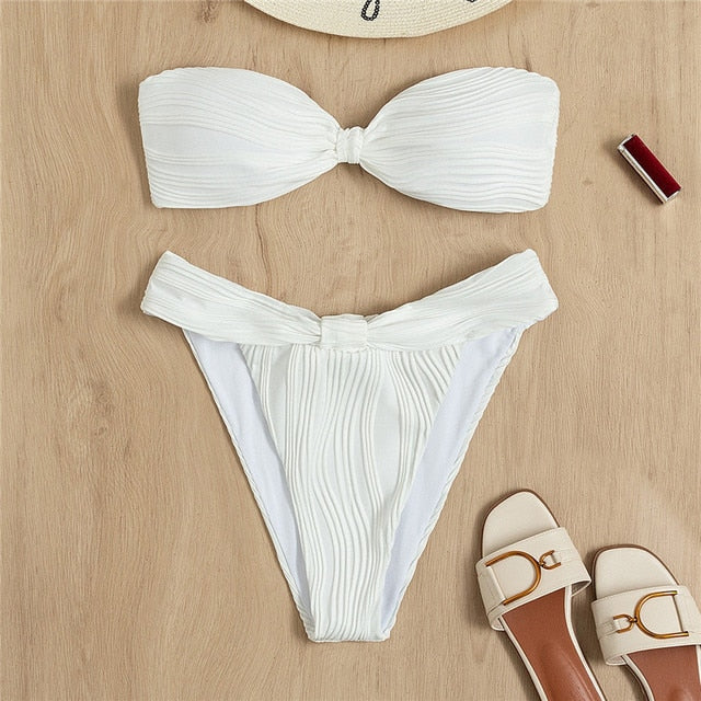 Ruffled Hollow Out Thong Bandeau Bikini Set