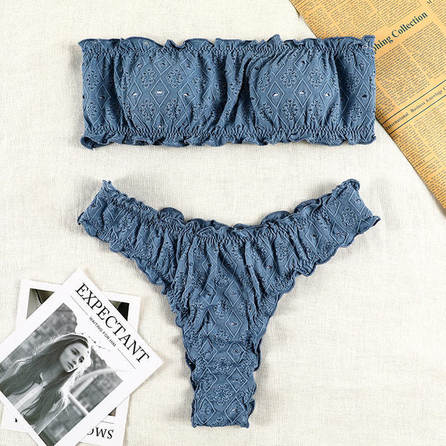 Ruffled Hollow Out Thong Bandeau Bikini Set