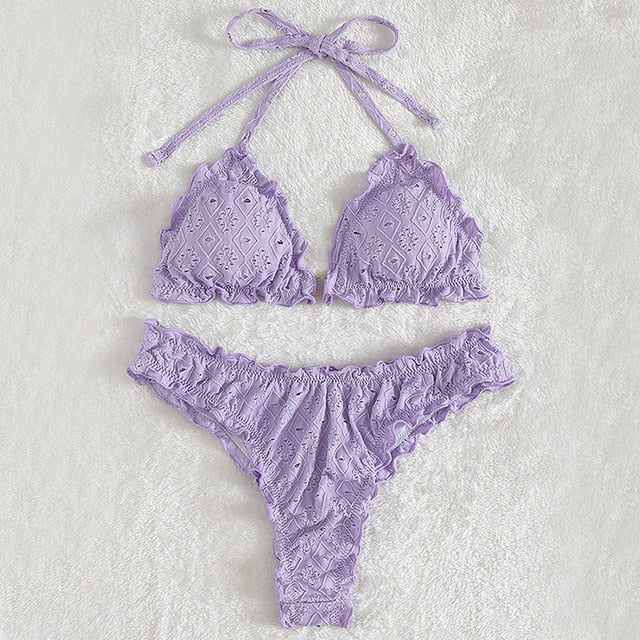 Ruffled Hollow Out Thong Bandeau Bikini Set
