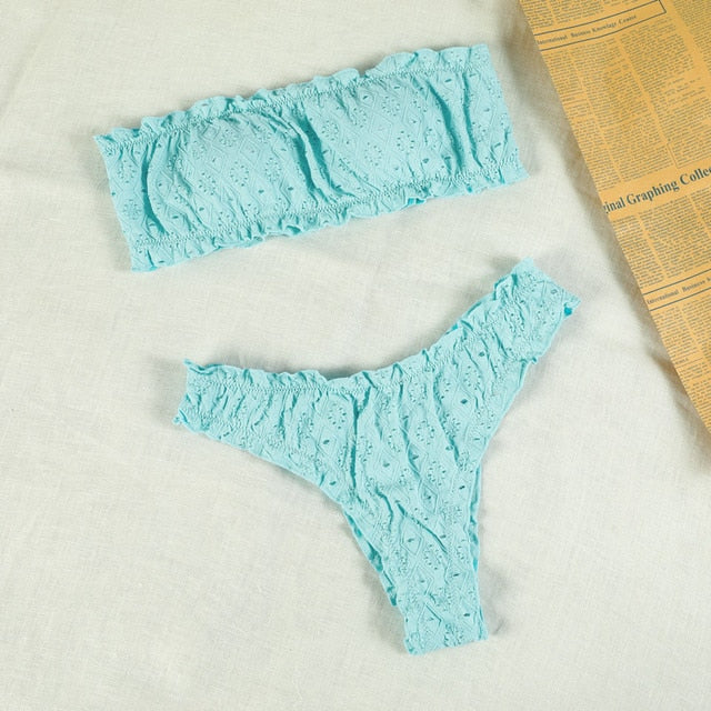 Ruffled Hollow Out Thong Bandeau Bikini Set