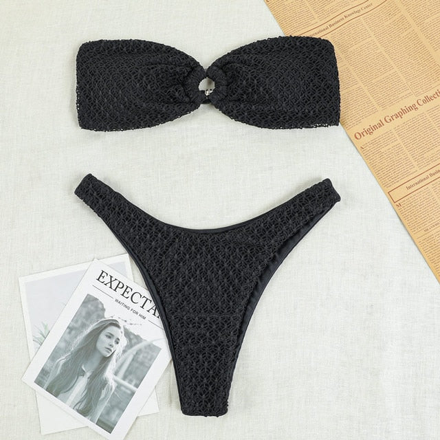 Ruffled Hollow Out Thong Bandeau Bikini Set