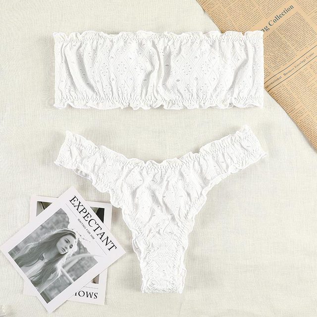 Ruffled Hollow Out Thong Bandeau Bikini Set