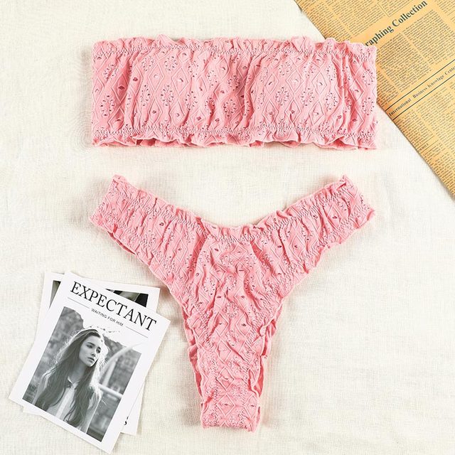 Ruffled Hollow Out Thong Bandeau Bikini Set