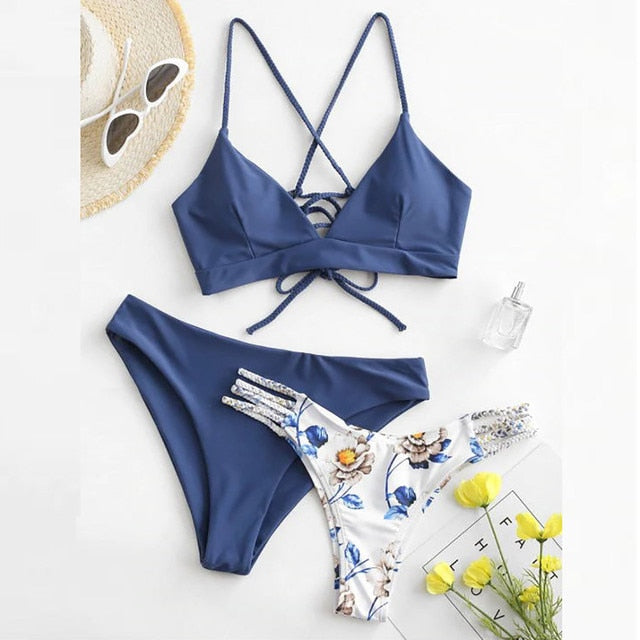 Women's Bikini Print Sets Swimsuits Three Piece Filled Bra Female Swimwear Beachwear Push Up Padded Bandage Retro Summer